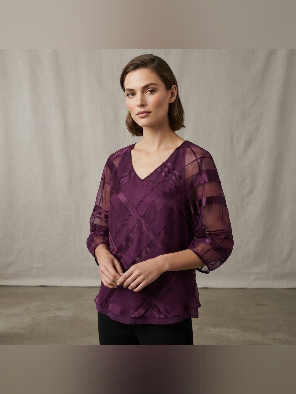 White House Black Market Plum Sheer V-Neck Blouse
